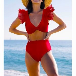 RED RUFFLE SLEEVES M NWT TIE BACK 2-PIECE SEXY BIKINI SET